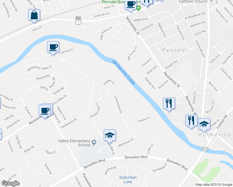 map of restaurants, bars, coffee shops, grocery stores, and more near 6528 Troy Court in Bensalem