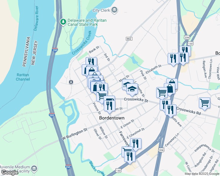 map of restaurants, bars, coffee shops, grocery stores, and more near 151 2nd Street in Bordentown