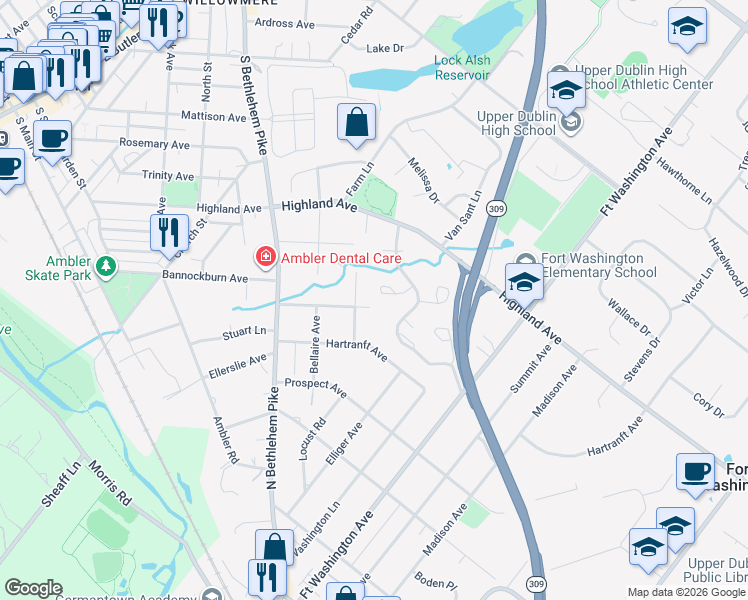 map of restaurants, bars, coffee shops, grocery stores, and more near 1806 Red Maple Grove in Ambler