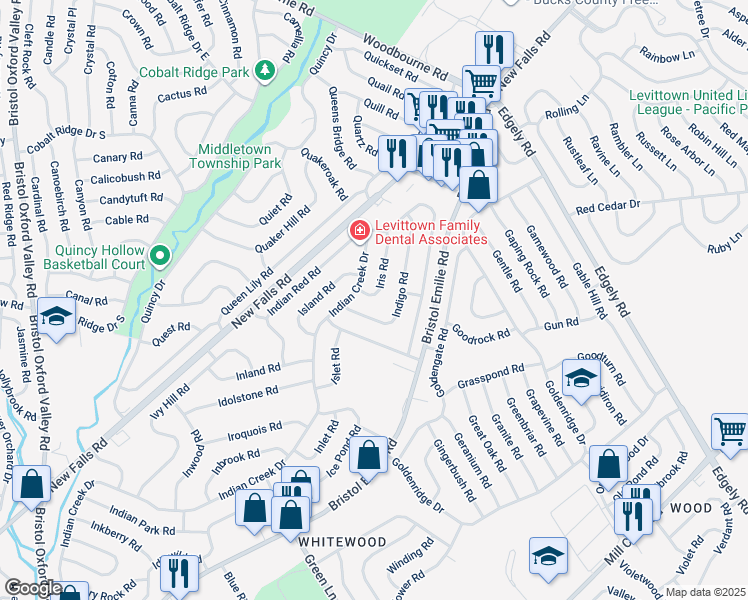 map of restaurants, bars, coffee shops, grocery stores, and more near 22 Iris Road in Levittown
