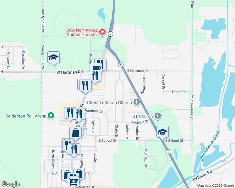 map of restaurants, bars, coffee shops, grocery stores, and more near 2822 Apache Drive in Anderson