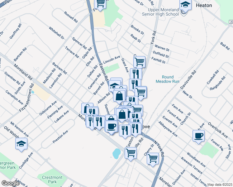 map of restaurants, bars, coffee shops, grocery stores, and more near 403 Pennsylvania 611 in Willow Grove