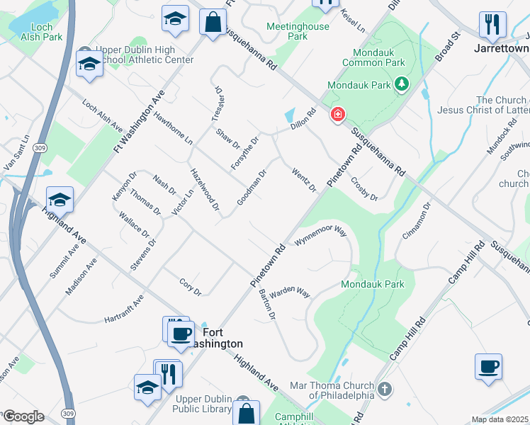 map of restaurants, bars, coffee shops, grocery stores, and more near 1305 Hawthorne Ln in Fort Washington