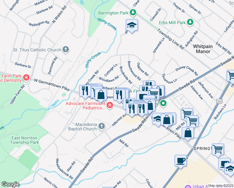 map of restaurants, bars, coffee shops, grocery stores, and more near 219 Bryans Road in Norristown