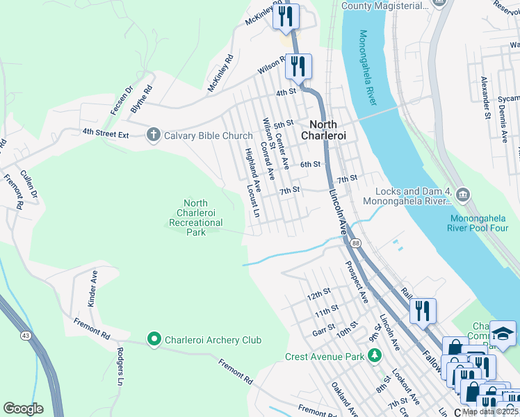 map of restaurants, bars, coffee shops, grocery stores, and more near 715 Highland Avenue in Charleroi