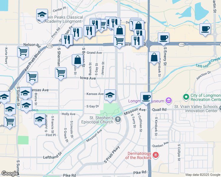 map of restaurants, bars, coffee shops, grocery stores, and more near 1006 South Bross Street in Longmont