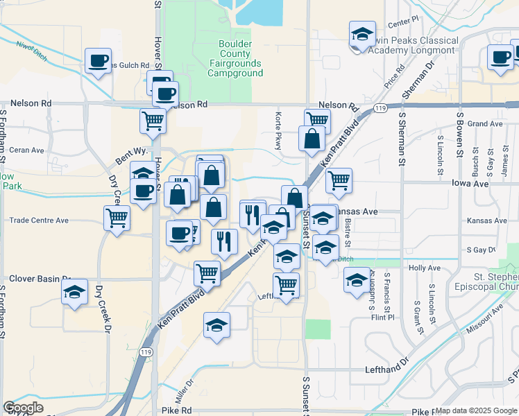 map of restaurants, bars, coffee shops, grocery stores, and more near 1900 Ken Pratt Boulevard in Longmont