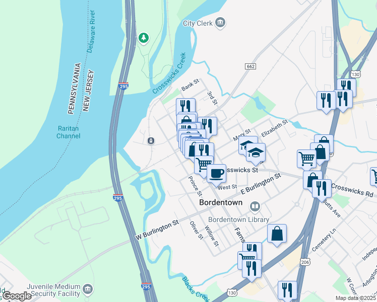 map of restaurants, bars, coffee shops, grocery stores, and more near Farnsworth Avenue in Bordentown