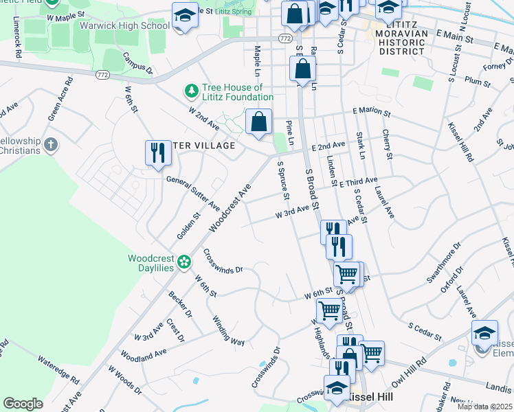 map of restaurants, bars, coffee shops, grocery stores, and more near 114 West End Avenue in Lititz