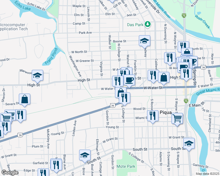 map of restaurants, bars, coffee shops, grocery stores, and more near 800 West Water Street in Piqua