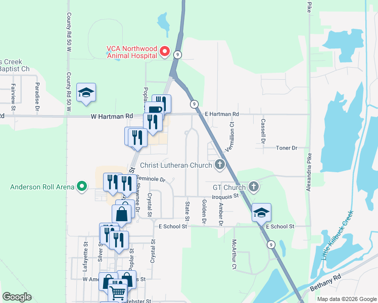 map of restaurants, bars, coffee shops, grocery stores, and more near 2822 Apache Drive in Anderson
