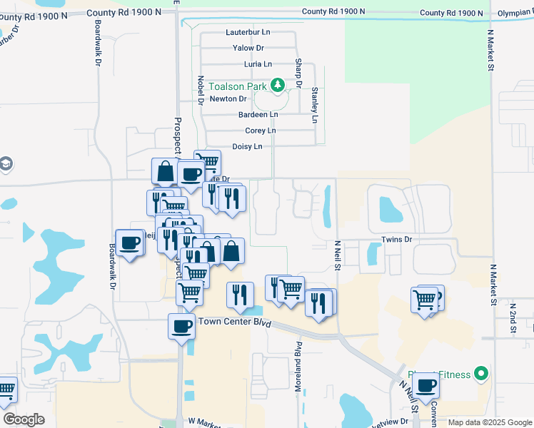 map of restaurants, bars, coffee shops, grocery stores, and more near 2714 Madelynn Drive in Champaign