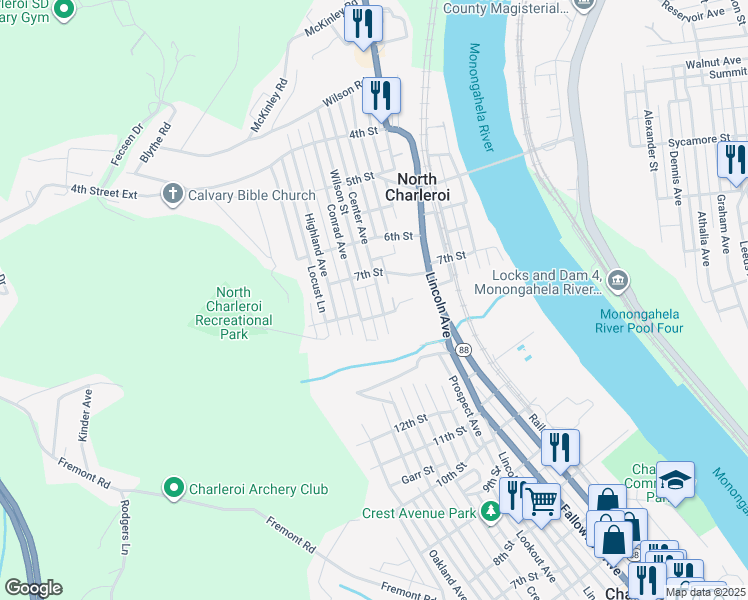 map of restaurants, bars, coffee shops, grocery stores, and more near 716 Center Avenue in Charleroi