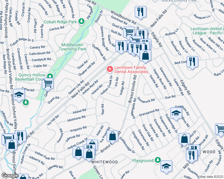 map of restaurants, bars, coffee shops, grocery stores, and more near 16 Iris Road in Levittown