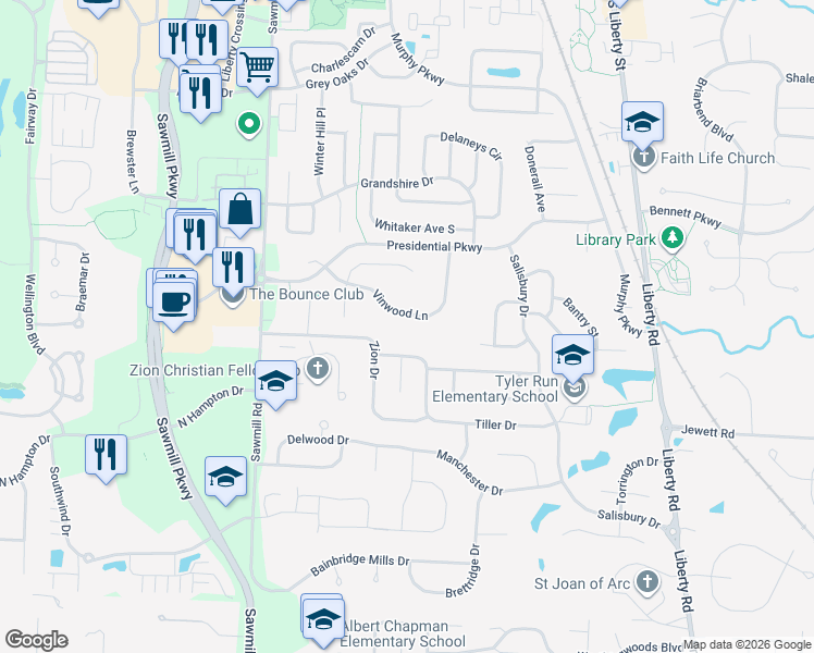 map of restaurants, bars, coffee shops, grocery stores, and more near 371 Vinwood Lane in Powell