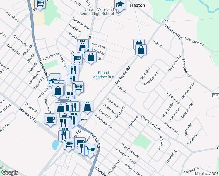 map of restaurants, bars, coffee shops, grocery stores, and more near 500 Davisville Road in Willow Grove