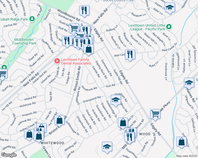 map of restaurants, bars, coffee shops, grocery stores, and more near 19 Gentle Road in Levittown