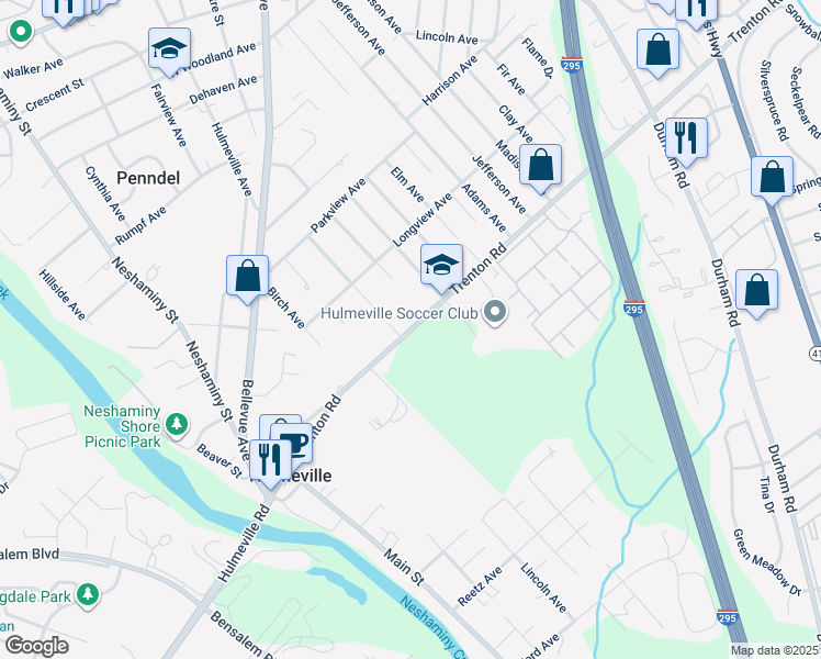 map of restaurants, bars, coffee shops, grocery stores, and more near 334 Trenton Road in Langhorne