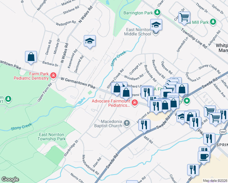 map of restaurants, bars, coffee shops, grocery stores, and more near 239 West Germantown Pike in Norristown