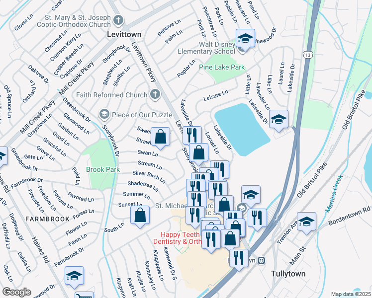 map of restaurants, bars, coffee shops, grocery stores, and more near 541 Stonybrook Drive in Levittown
