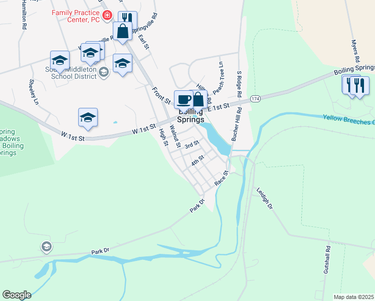 map of restaurants, bars, coffee shops, grocery stores, and more near 118 3rd Street in Boiling Springs