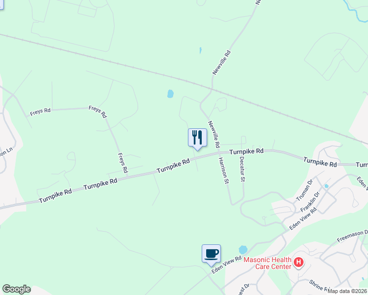 map of restaurants, bars, coffee shops, grocery stores, and more near 25 N Perry St in Elizabethtown