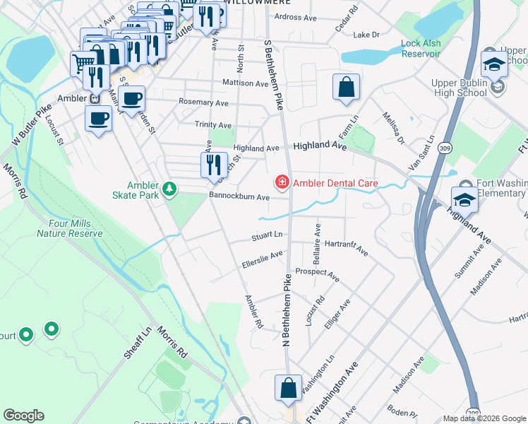 map of restaurants, bars, coffee shops, grocery stores, and more near 603 Trinity Place in Ambler