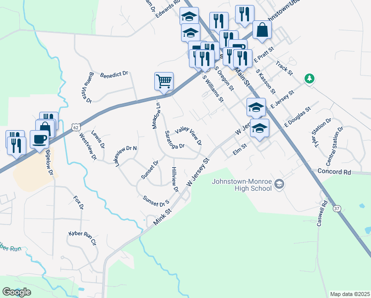 map of restaurants, bars, coffee shops, grocery stores, and more near 181 Saratoga Drive in Johnstown
