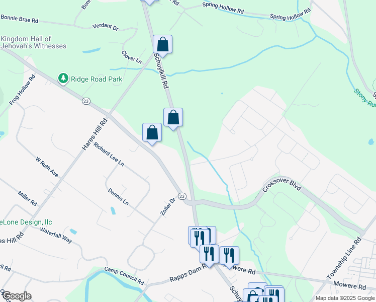 map of restaurants, bars, coffee shops, grocery stores, and more near 527 Schuylkill Road in Phoenixville