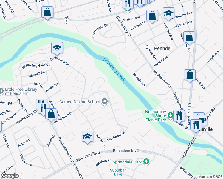 map of restaurants, bars, coffee shops, grocery stores, and more near 6528 Troy Court in Bensalem