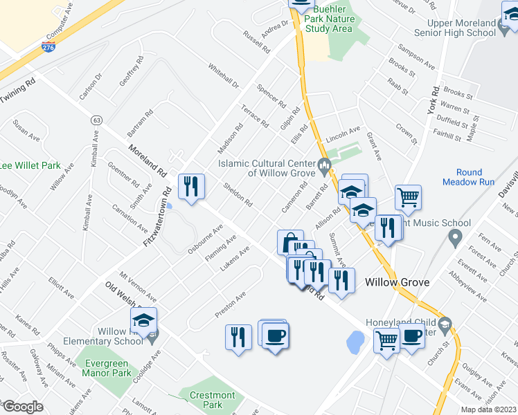 map of restaurants, bars, coffee shops, grocery stores, and more near 104 Dallas Road in Willow Grove