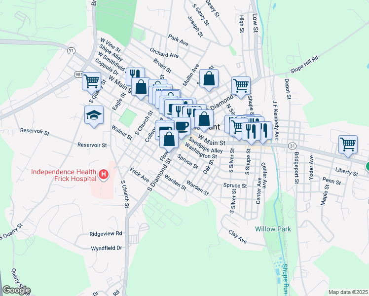 map of restaurants, bars, coffee shops, grocery stores, and more near 433 Washington Street in Mount Pleasant