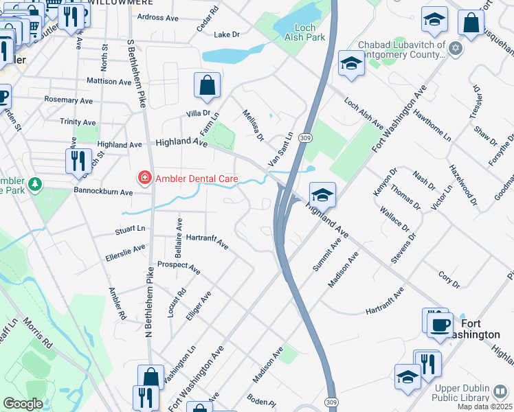 map of restaurants, bars, coffee shops, grocery stores, and more near 1605 Basswood Grove in Ambler