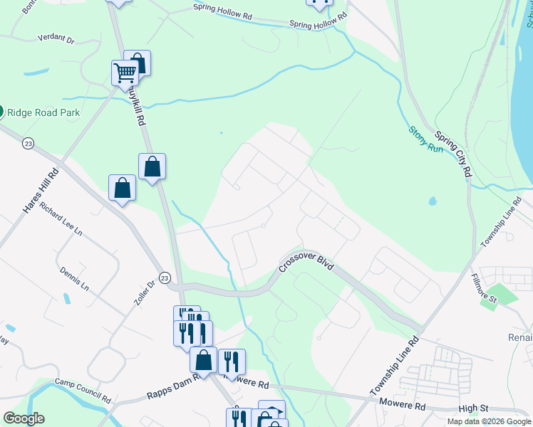 map of restaurants, bars, coffee shops, grocery stores, and more near 1030 Iron Works Road in Phoenixville