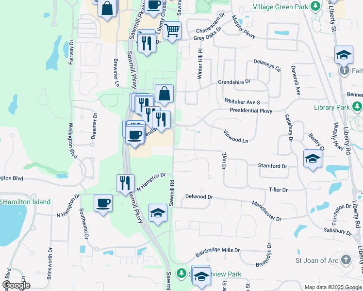 map of restaurants, bars, coffee shops, grocery stores, and more near 10299 Sawmill Road in Powell