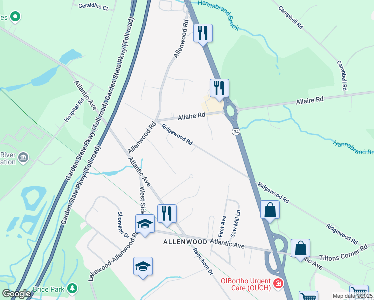 map of restaurants, bars, coffee shops, grocery stores, and more near 3232 Ridgewood Road in Wall Township