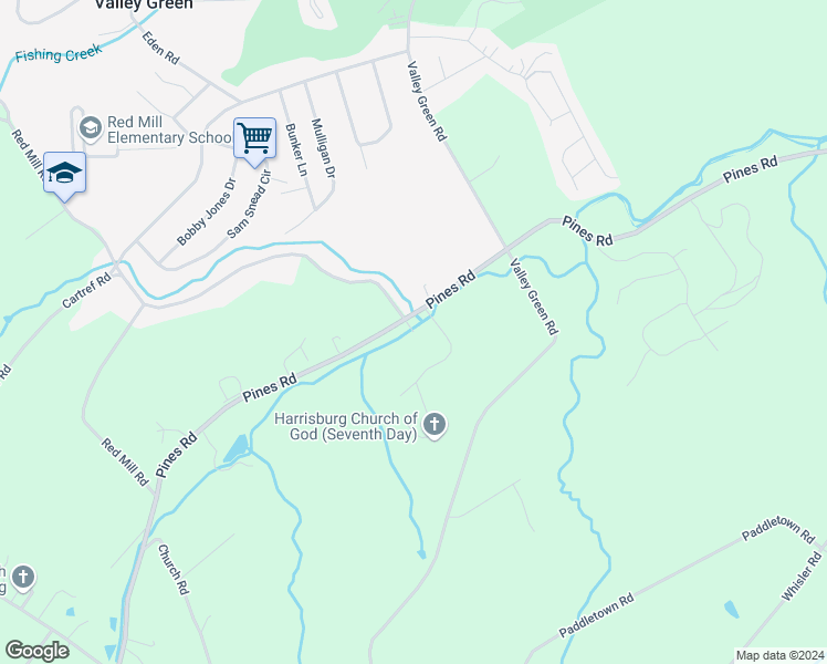 map of restaurants, bars, coffee shops, grocery stores, and more near Pines Road in York County