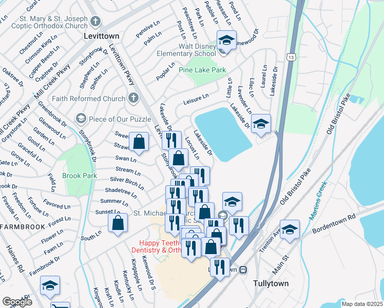 map of restaurants, bars, coffee shops, grocery stores, and more near 25 Locust Lane in Levittown