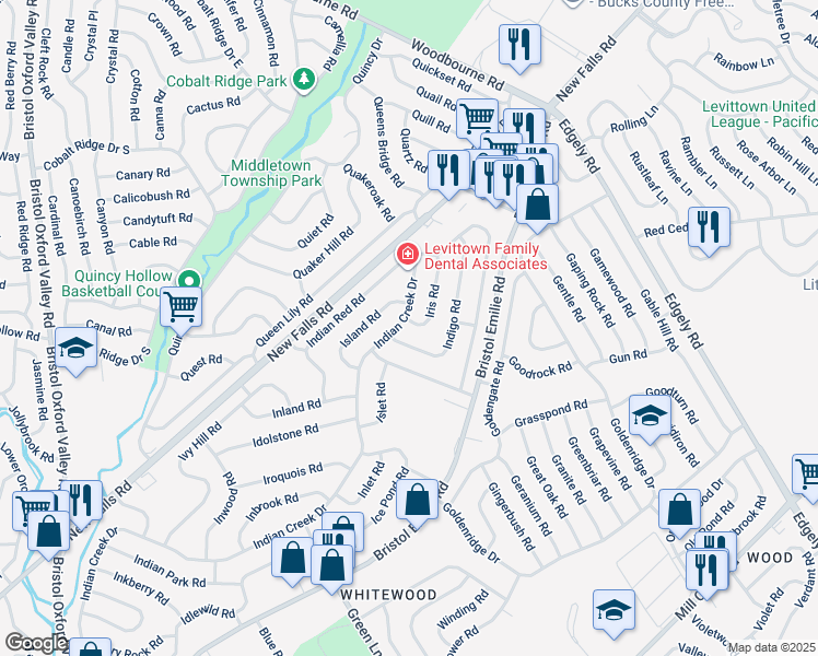 map of restaurants, bars, coffee shops, grocery stores, and more near 2 Iris Road in Levittown