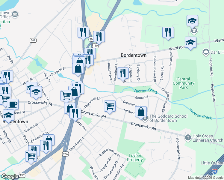 map of restaurants, bars, coffee shops, grocery stores, and more near 36 Thorntown Lane in Bordentown