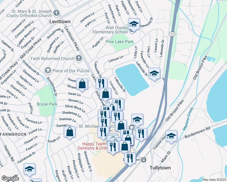 map of restaurants, bars, coffee shops, grocery stores, and more near 25 Locust Lane in Levittown