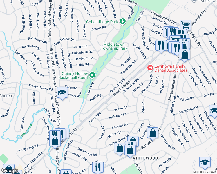 map of restaurants, bars, coffee shops, grocery stores, and more near 40 Quarter Turn West Road in Levittown