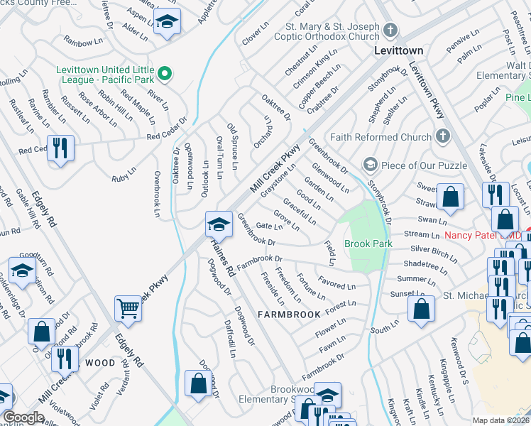 map of restaurants, bars, coffee shops, grocery stores, and more near 39 Grove Lane in Levittown