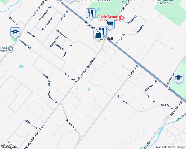 map of restaurants, bars, coffee shops, grocery stores, and more near 1201 Walton Road in Blue Bell