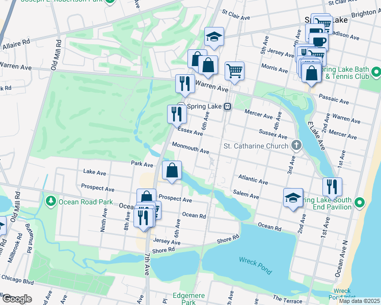 map of restaurants, bars, coffee shops, grocery stores, and more near 607 Monmouth Avenue in Spring Lake