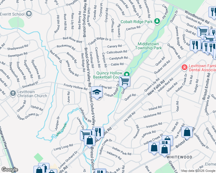 map of restaurants, bars, coffee shops, grocery stores, and more near 27 Canal Road in Levittown