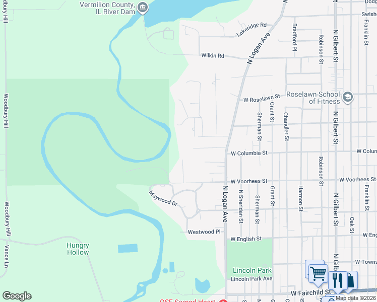 map of restaurants, bars, coffee shops, grocery stores, and more near 18 Lincolnshire Avenue in Danville