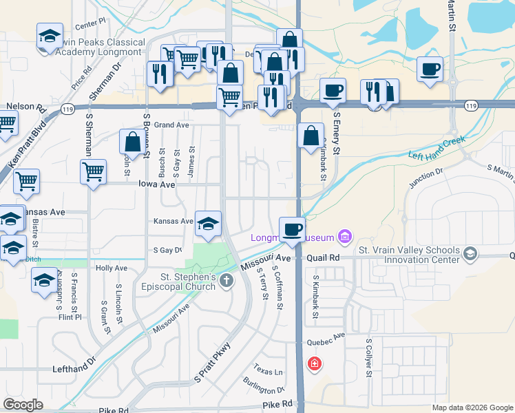 map of restaurants, bars, coffee shops, grocery stores, and more near 1012 Kane Drive in Longmont