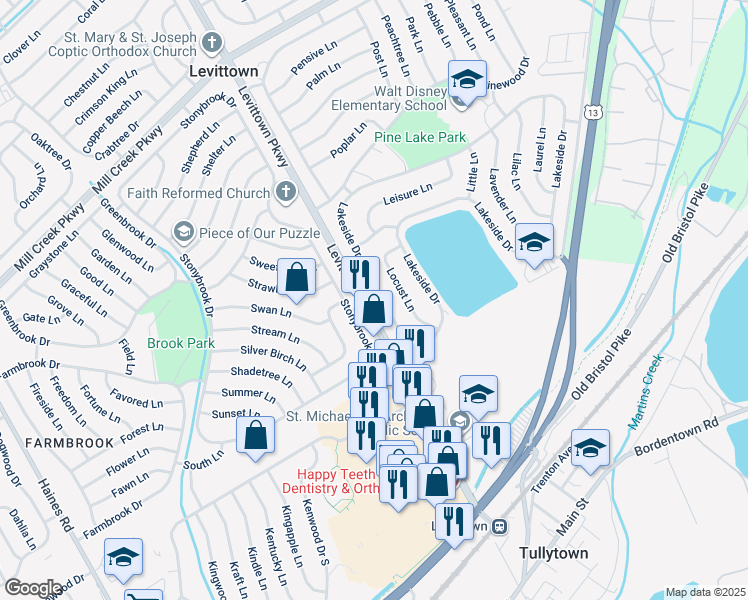 map of restaurants, bars, coffee shops, grocery stores, and more near 35 Lakeside Drive in Levittown
