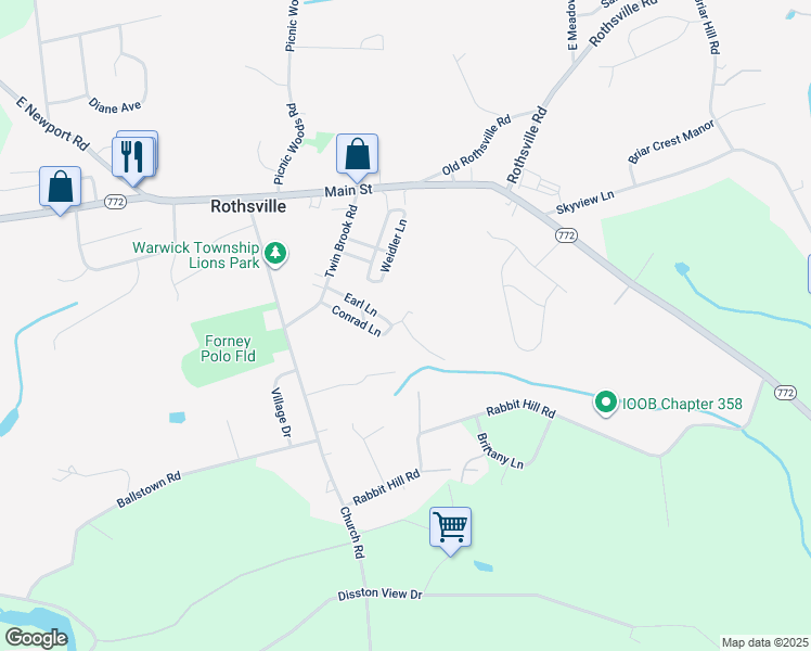 map of restaurants, bars, coffee shops, grocery stores, and more near Rabbit Hill Road in Lancaster County